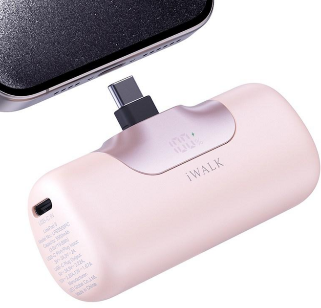 아이워크 iWALK 도킹형 미니 보조배터리 PD 22.5W 초고속충전 5500mAh C타입 일체형 아이폰 갤럭시 휴대용 LED잔량표시, 핑크