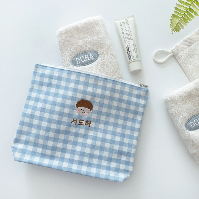 베이니크 자수 방수파우치 어린이집 유치원 여벌옷 식판 수건 이름자수 파우치세트, 하늘