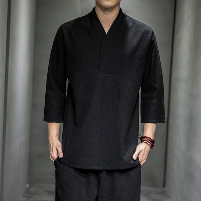 POMTOR 남성 개량 한복 여름 남자 상의 생활 계량 저고리 세트 삼베옷 자수 승복 봄
