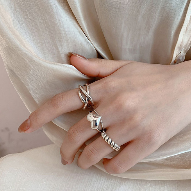 하트 포인트 실버 꼬임 체인 반지 3종 세트 오픈링