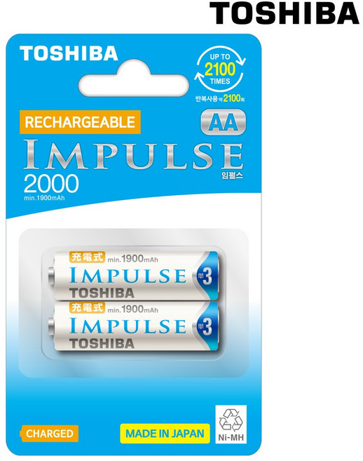 도시바 임펄스 니켈수소 충전 건전지 AA 2000mAh, 2개입, 1개