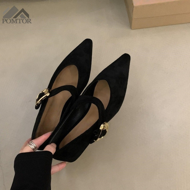POMTOR 여성용 발편한 키높이 스웨이드 스틸레토 단화 플랫슈즈