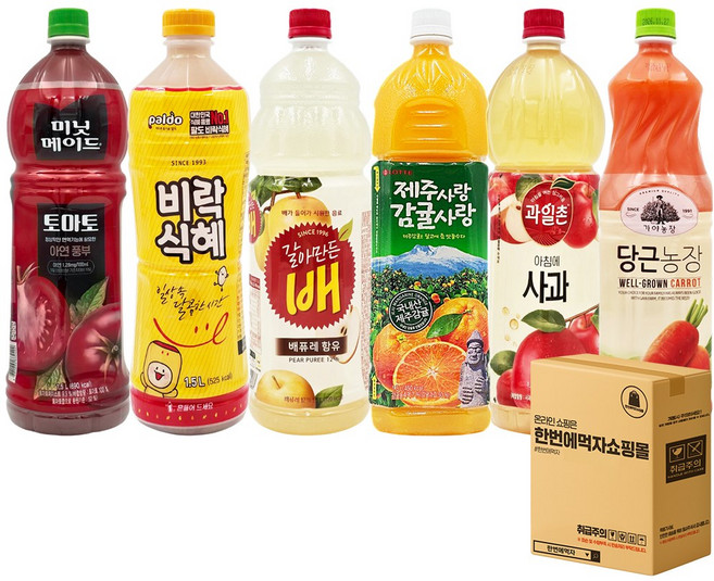 [한번에먹자] 1.5L 대용량 과즙음료 6종 혼합세트 ( 토마토 + 팔도 비락식혜 + 갈아만든배 + 제주감귤 + 과일촌 아침에사과 + 가야 당근농장 ), 1세트