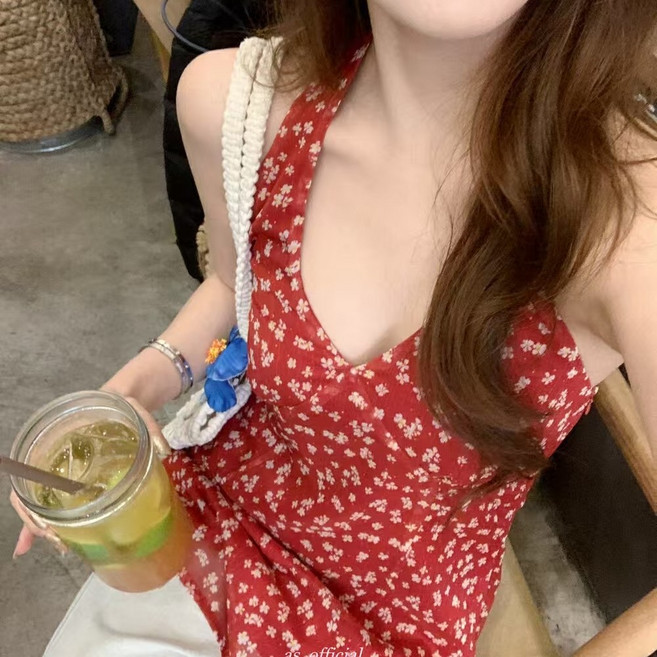 투니스 여성 빈티지 플라워 홀터넥 티셔츠