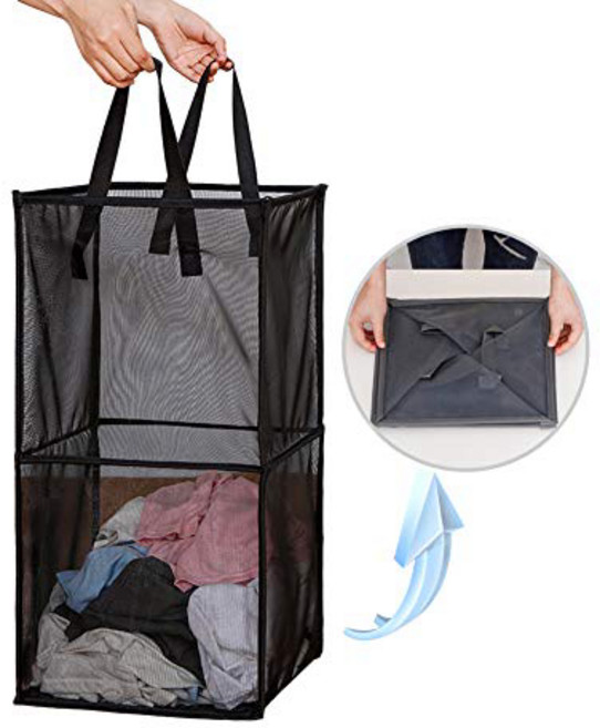 Laundry Hamper Bag with Handles Portable &Collapsible Dirty Clothes Mesh Basket Foldable for Washin, 1개, Black