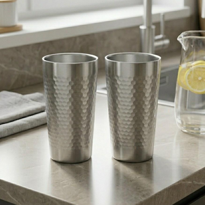 구레핀 이중 스테인레스컵 진공텀블러 벌집 무늬 2개입, 2개, 550ml, 은색