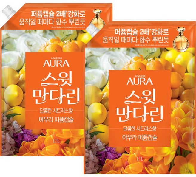 아우라 30일지속 초고농축 퍼퓸캡슐 섬유유연제 1.7L 리필 스윗만다린, 2개