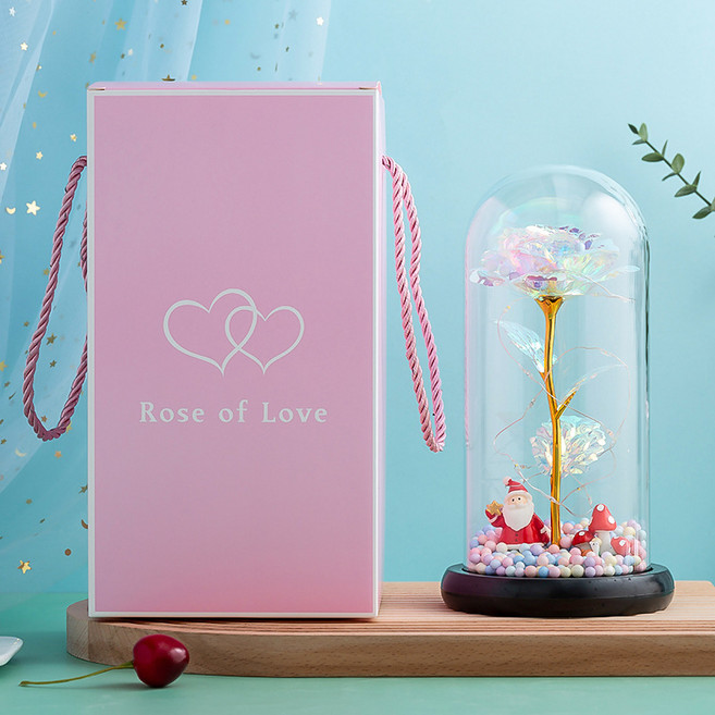 Clybo 영생화 유리커버 장미꽃 발렌타인데이 선물 장미 유리 커버, 산타클로스