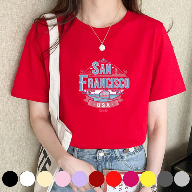 그리내 여성 라운드넥 여름 프린팅 반팔티 커플티 이너 홈웨어 레터링 면 티셔츠