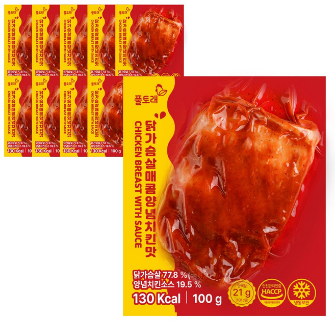풀토래 소스 닭가슴살 매콤양념치킨맛 10팩 세트 100%국내산 식사대용, 10개, 100g