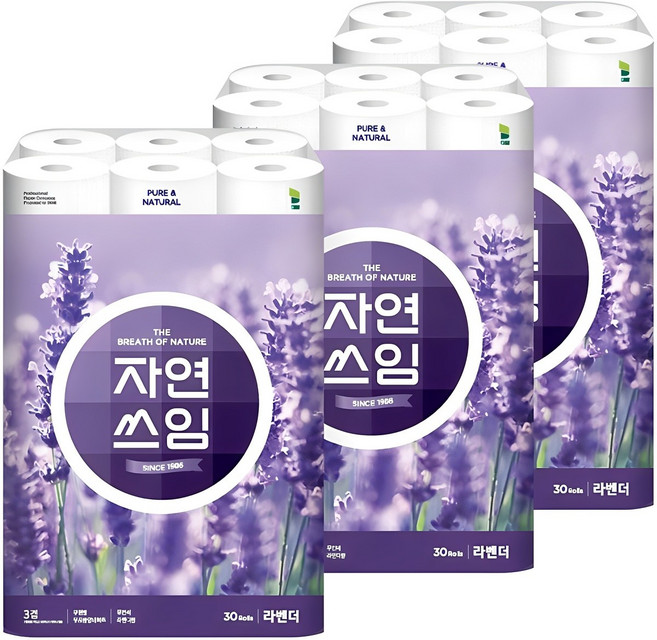 더 도톰한 자연쓰임 무형광 라벤더 화장지, 30개입, 3개