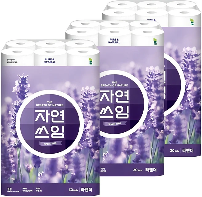 더 도톰한 자연쓰임 무형광 라벤더 화장지, 30개입, 3개 - 쿠팡