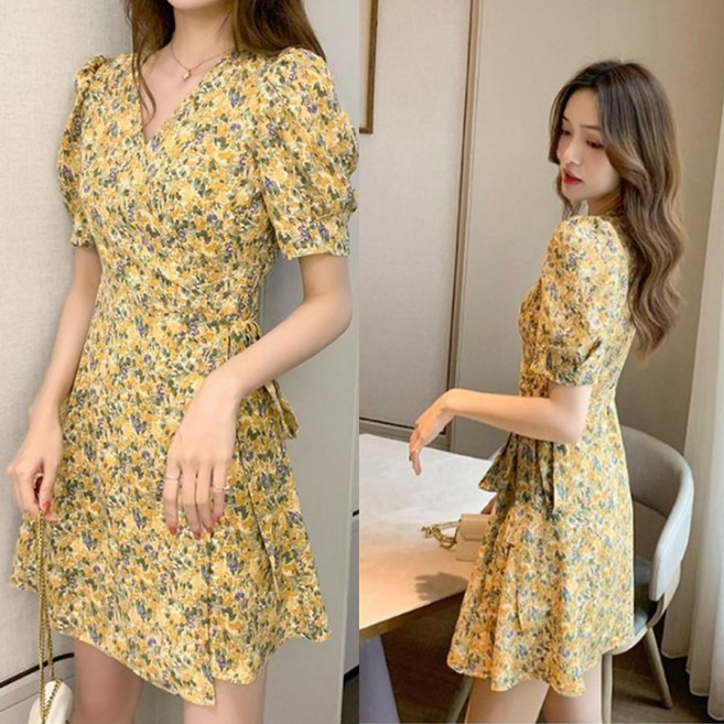 여름 플라워 꽃무늬 브이넥 반팔 미니 랩원피스