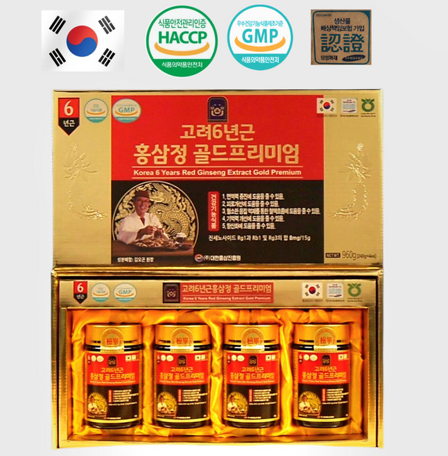 (대한홍삼진흥원) 고려 6년근 홍삼정 진세노사이드 8mg/15g 홍삼액 골드 금산인삼, 240g, 4개