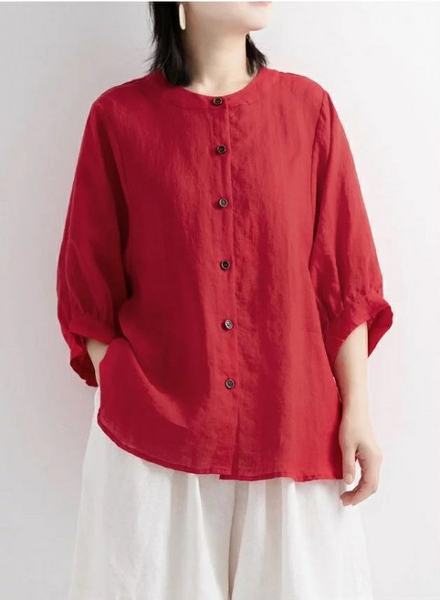 shiny藍格子 文藝風純色寬鬆燈籠袖棉麻衫 M~3XL
