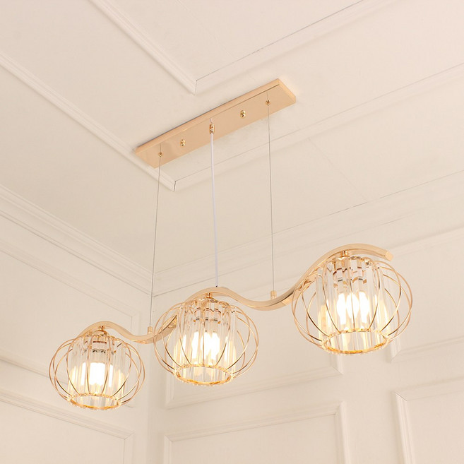 포유라이팅 LED 인테리어 식탁등 원형 프리즘 샴페인 골드 3등 카페 주방 조명, LED 에디슨 램프 벌브 전구색 3개포함