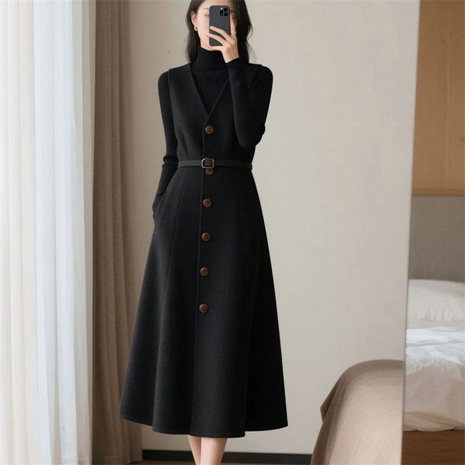 AOKADA 여성 가을 겨울 슬림핏 브이넥 민소매 정장 원피스