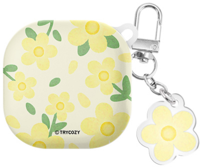 플라워드로잉 버즈라이브/버즈프로/버즈2/버즈2프로(공용) 하드 케이스 키링 세트, 플라워드로잉-옐로우