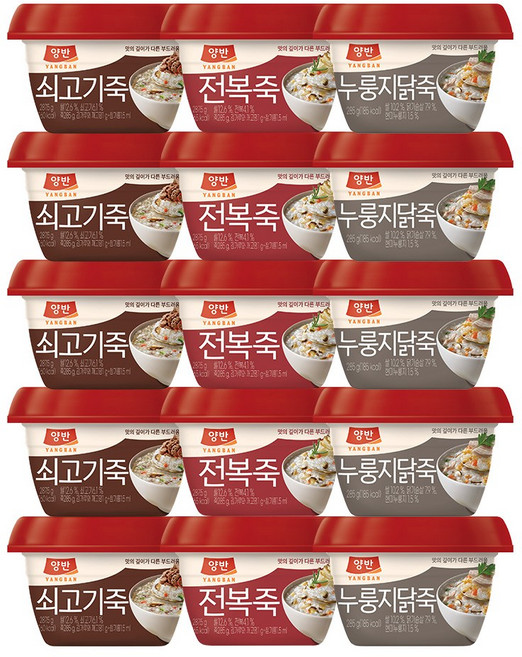 [동원] 양반 쇠고기죽285g 5P + 전복죽285g 5P + 누룽지닭죽285g 5P, 1세트, 4.275kg
