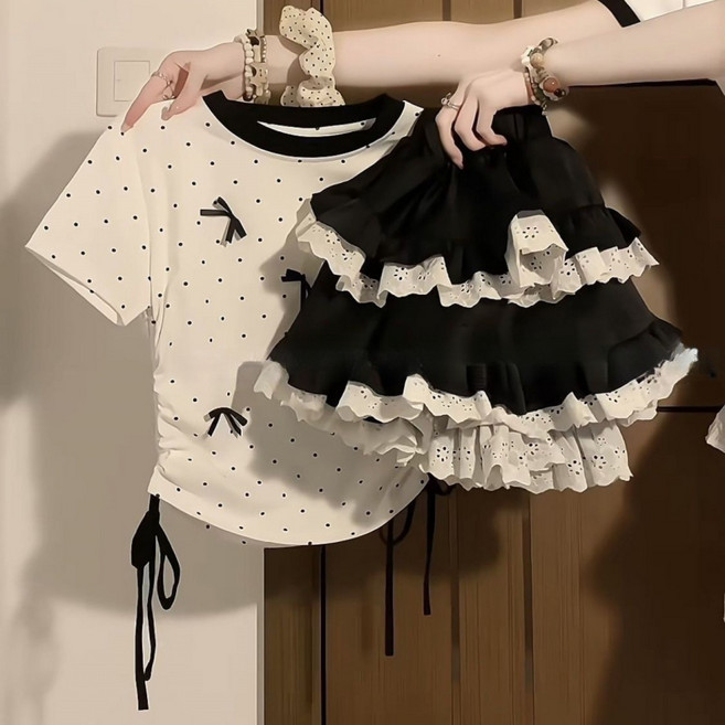 해피유통어린이 여아 도트 디자인 반팔 티셔츠와 레이스 밑단 팬스룩 세트14세 이상 XG03