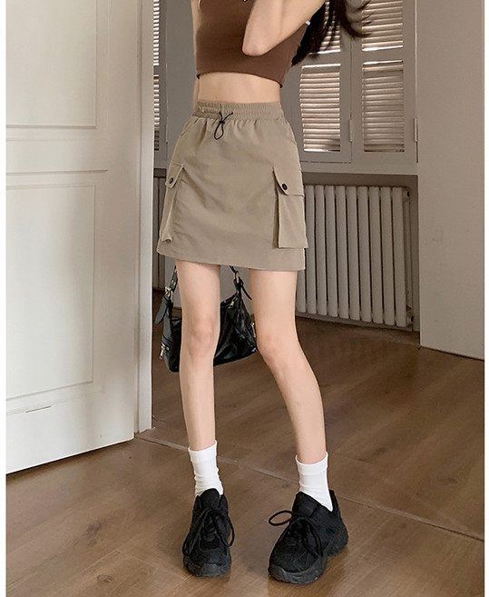 DIU 鬆緊腰抽繩工裝半身裙女夏季新款辣酷高腰設計感小衆A字短裙