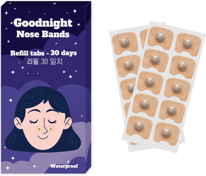 굿나잇 노즈밴드 (리필) NEW 방수 - 비강확장기(자석코밴드/코골이 방지 밴드) 리필 탭 자석 탭 리필 스트립 60pc (30일치), 1개
