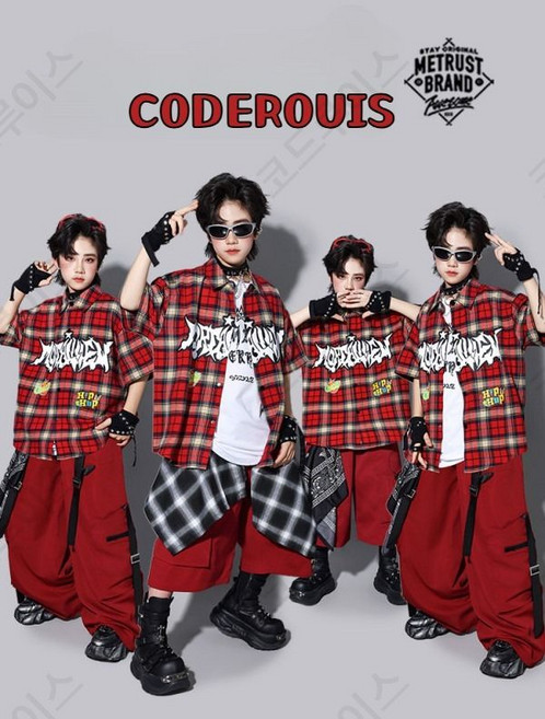 코드루이스 초등 레드 체크 반팔 셔츠 7부 팬츠 방송댄스복 주니어 남아옷 여아옷 걸스힙합