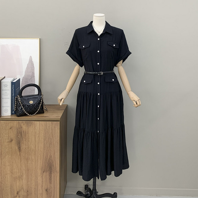 [행복여] 플레트 카라 셔링 캉캉 벨트 세트 롱 원피스