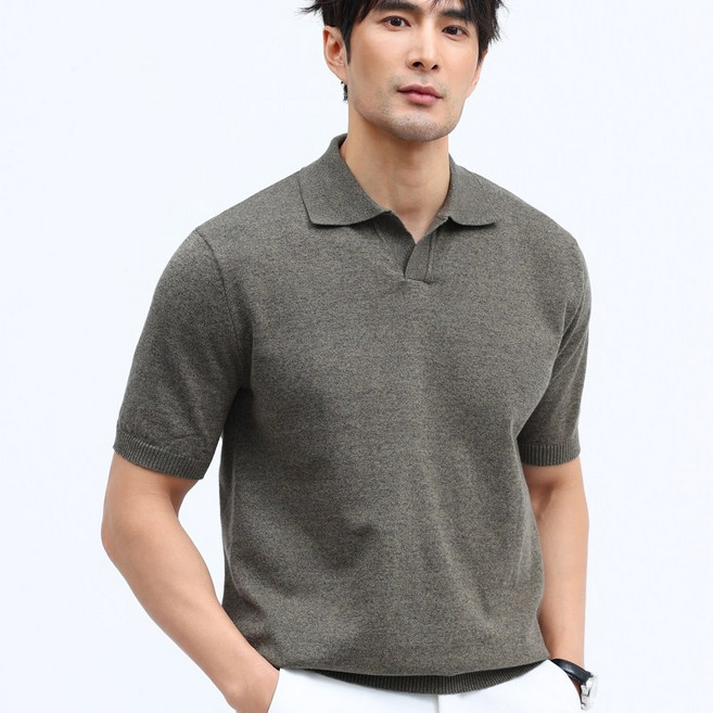 글리멜로 남자 여름 무지 오픈 카라 니트 반팔 티셔츠