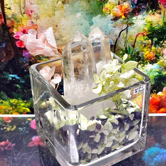 水晶盆栽0119-1號 美國阿肯色州白水晶柱 檸檬玉髓 紅石榴 橄欖石 風水缽 招財 轉運, 1個