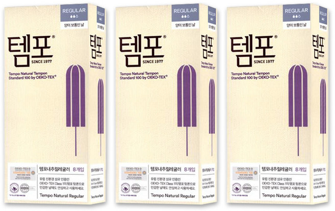 동아제약 템포 유기농 순면 네추럴 레귤러 8P, 8개입, 3개