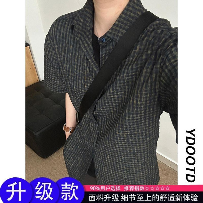 美式復古色織格紋泡泡紗短袖襯衫，夏季輕薄透氣戶外防曬襯衣外套
