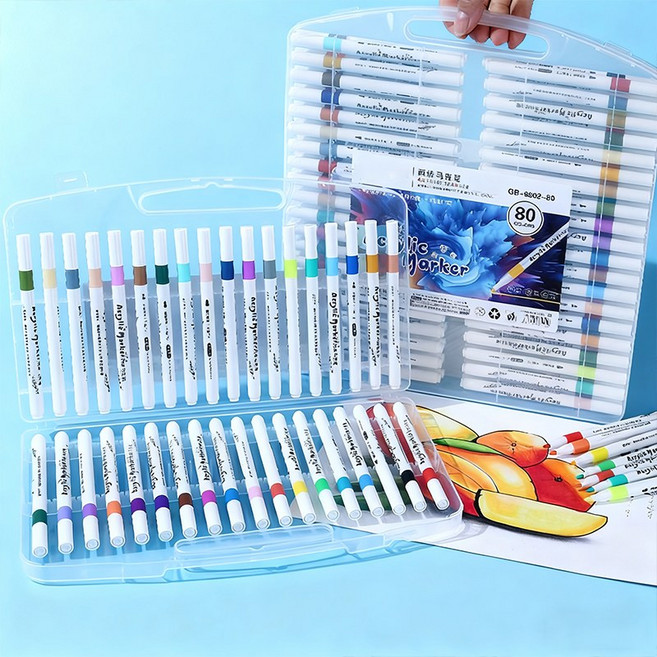 방일 수용성 수채화펜 마카펜 컬러링펜 칼라붓펜 하드케이스세트, 갑 버전, 1개, 80색