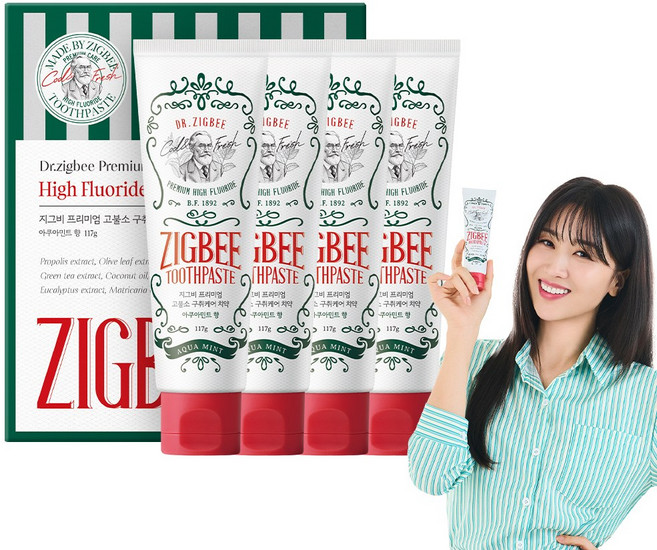 지그비 대용량 고불소 설태 제거 임상완료 구취케어 치약 여배우 Pick 아쿠아민트향, 4개, 117g