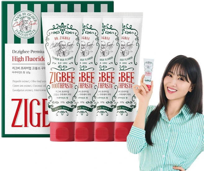 지그비 대용량 고불소 설태 제거 임상완료 구취케어 치약 여배우 Pick 아쿠아민트향, 4개, 117g - 쿠팡