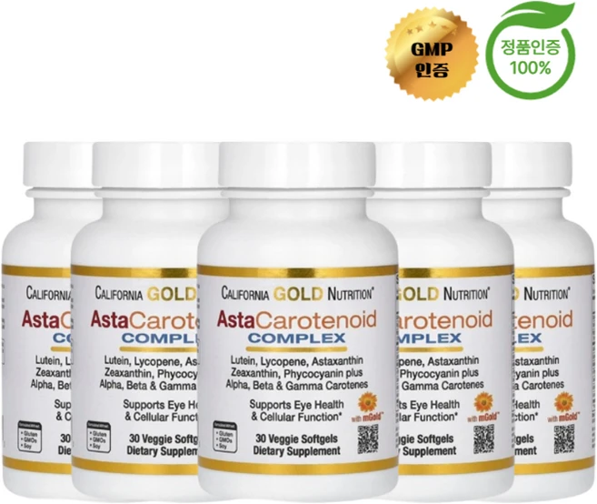 3+2 캘리포니아 골드 뉴트리션 CGN 아스타카로티노이드 복합체 루테인 라이코펜 아스타잔틴 비타민A 함유 30정, 5개 - 쿠팡