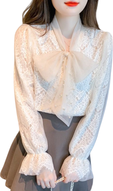 Makone 여성 가을 겨울 리본 시스루 레이스 레이어드 오피스 블라우스