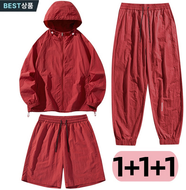 1+1+1 남녀공용 경량 트레이닝 세트 얇은 후드 자외선차단 자켓 바람막이+밴딩 반바지+바지 세트 커플 츄리닝세트세트 상하의 세트 3종세트