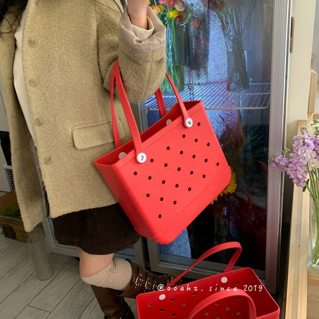 고무 목욕탕 젤리 수영가방 실리콘 6종 바구니 가방 다용도 체크플라워 물놀이가방 목욕가방, 브라이트레드 중형