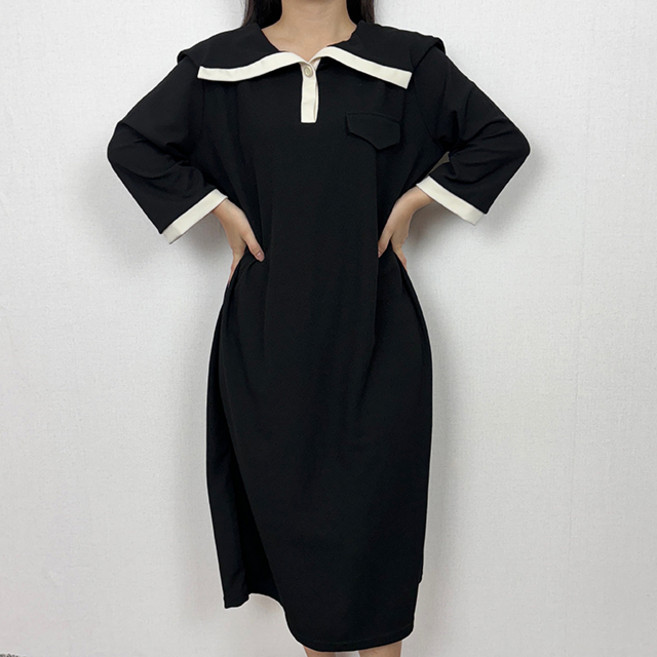 [~110 5XL 3size/추가금X]배색 롱원피스 빅사이즈 데이트룩 데일리룩 가을 가을신상 겨울 페미닌 러블리 캐주얼 넉넉핏 여리핏 오버핏 배색 빅카라 원피스[449]