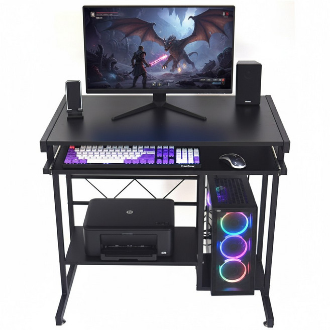 심플 좁은공간책상 키보드선반 장착 철제 선반 학생 학원 원룸 1인용 컴퓨터 책상, 블랙(목재상판)