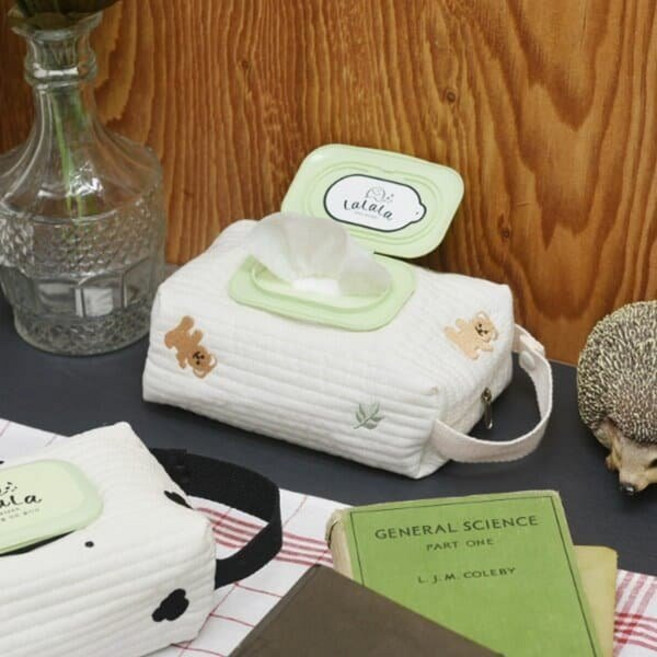 곰돌이 패턴 자수 물티슈 미용티슈 겸용 커버, 블랙, 1개