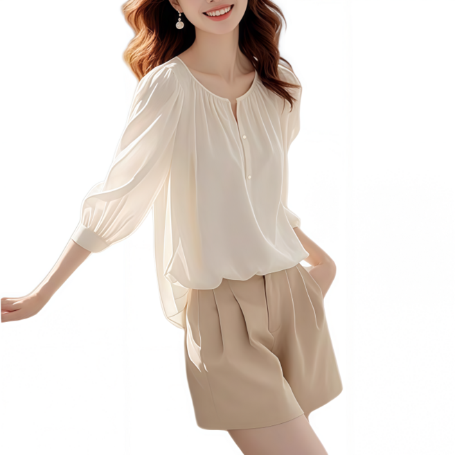 Makone 여성 라운드넥 노카라 솔리드 심플 프렌치 루즈핏 오피스룩 7부 소매 쉬폰 블라우스