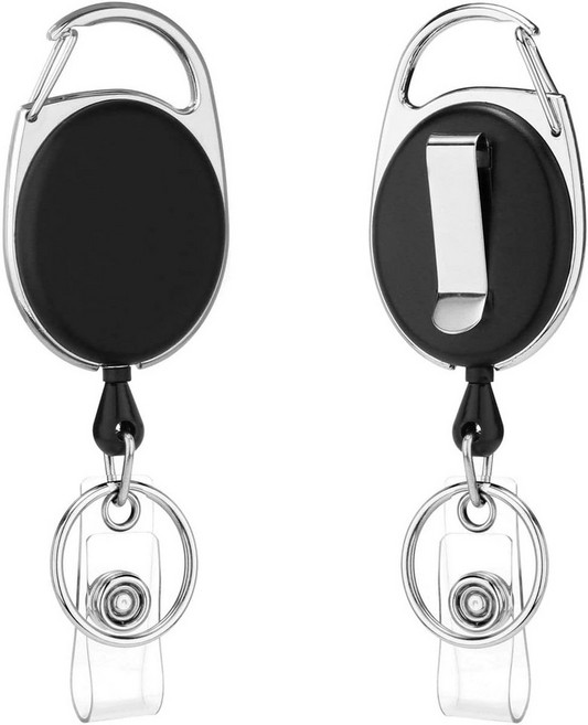 QREEL 헤비 듀티 리트랙터블 배지 릴 2팩 카라비너 포함 홀더 클립 벨트 및 키 링 블랙, 2 Pack, Black Oval