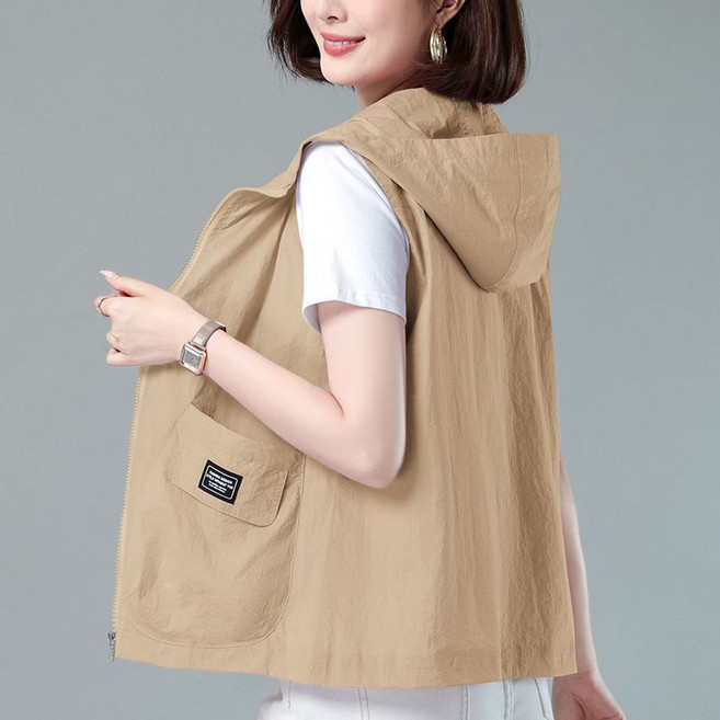 여성용 봄여름 후드 메쉬 베스트 얇은 빅 사이즈 집업 조끼 뉴타임즈