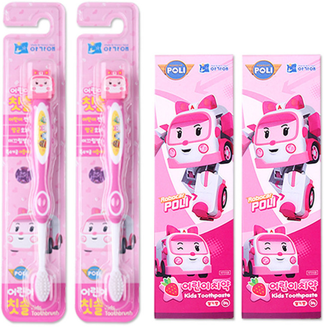 아가애 로보카 폴리 어린이 칫솔+치약, 엠버칫솔2개+엠버치약2개, 1세트