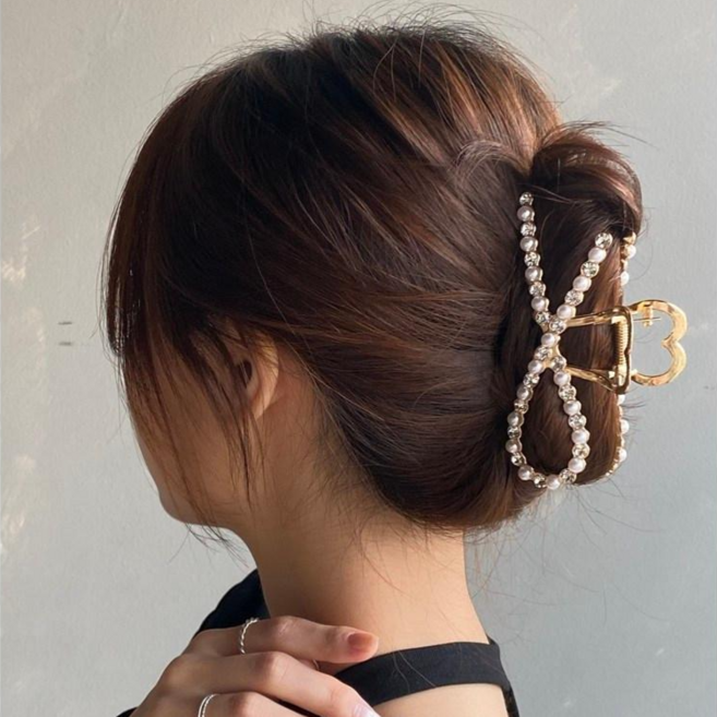  [무배+3개] 워더미 러블리 하프 리본 골드 메탈 진주 큐빅 믹스 사각 집게핀 세트 F359