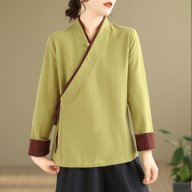 中國風復古斜襟繫帶改良漢服襯衫女春季寬鬆大碼禪意茶服棉麻上衣