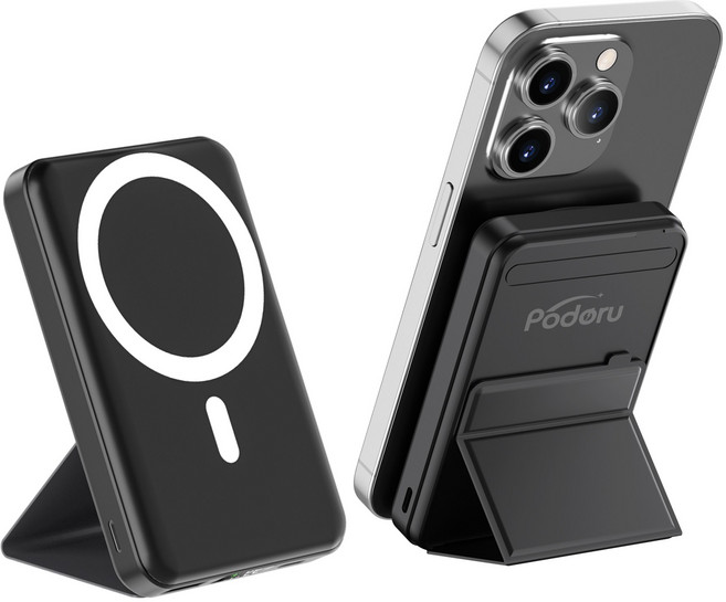 Podoru 맥세이프 보조배터리 PD22.5W 고속충전 10000mAh 대용량 무선 아이폰 보조베터리 휴대용 거치대, 블랙