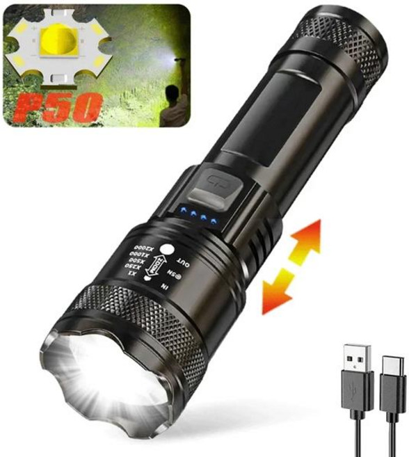 초강력 LED 손전등 2000LM 타입-C 충전식 장거리 줌 전술 토치 야외 비상 캠핑 낚시 랜턴, 02 1 PCS